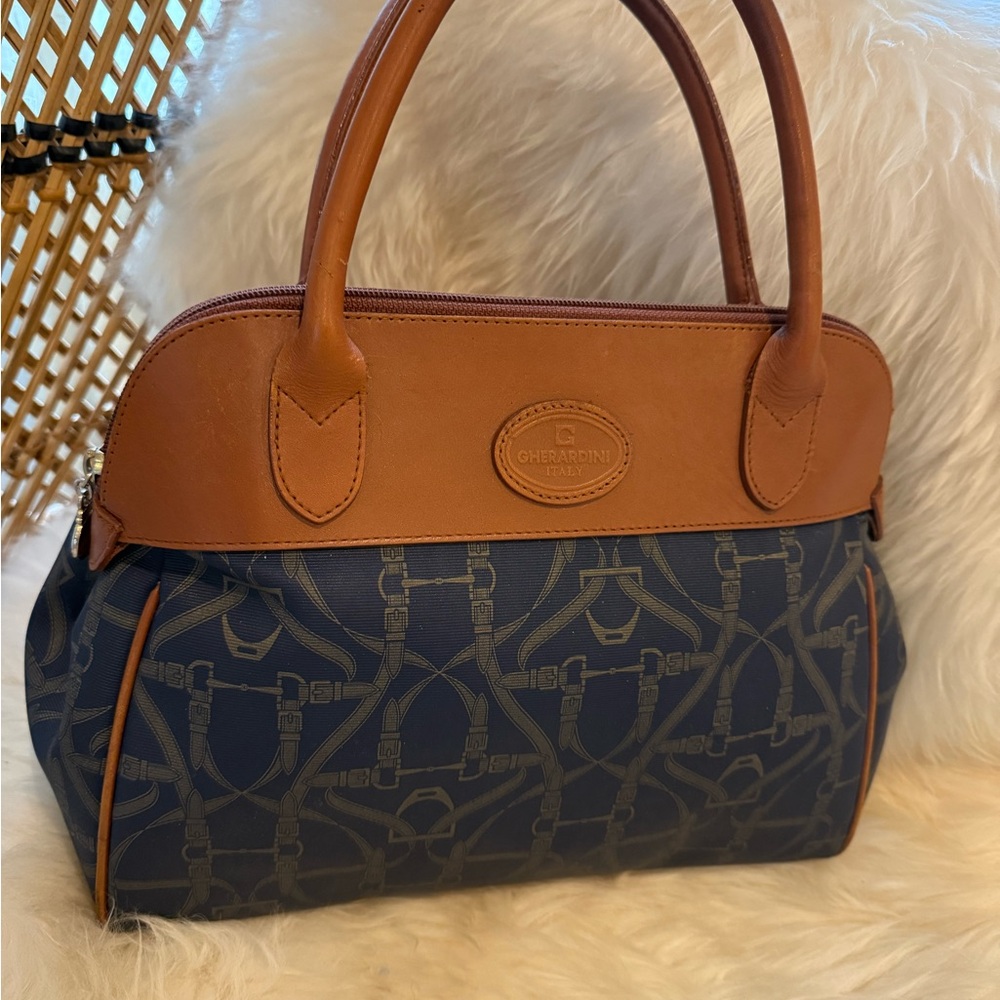 Rare! Gherardini Italy Navy and Brown Equestrian Print Satchel